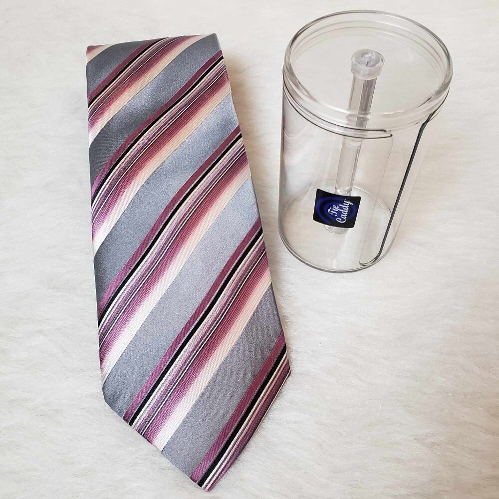 Men's GEOFFREY BEENE 100% Silk Gray Striped Tie + Tie Caddy Storage Container
